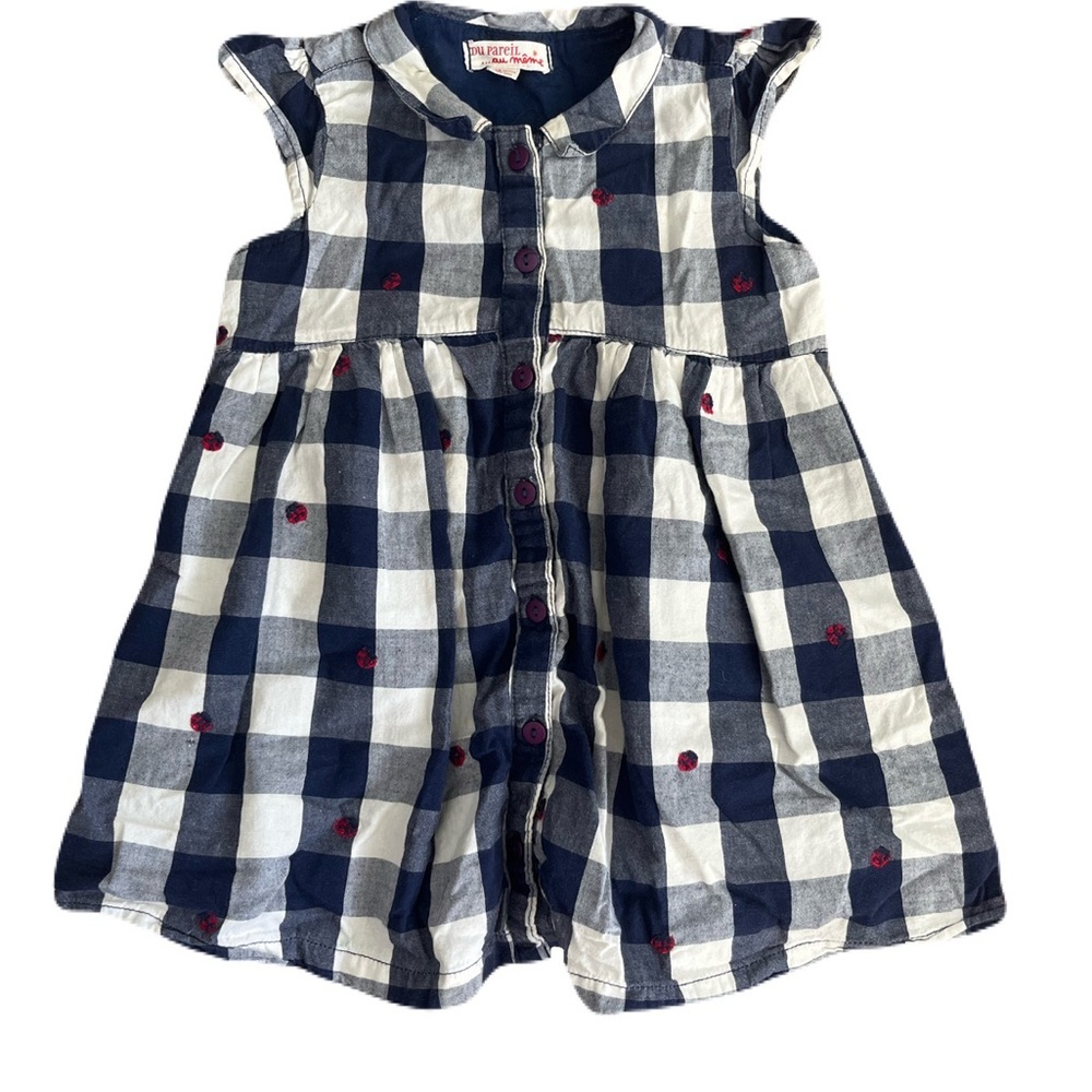 Du Pareil Blue and White Checked Plaid Ladybug Dress